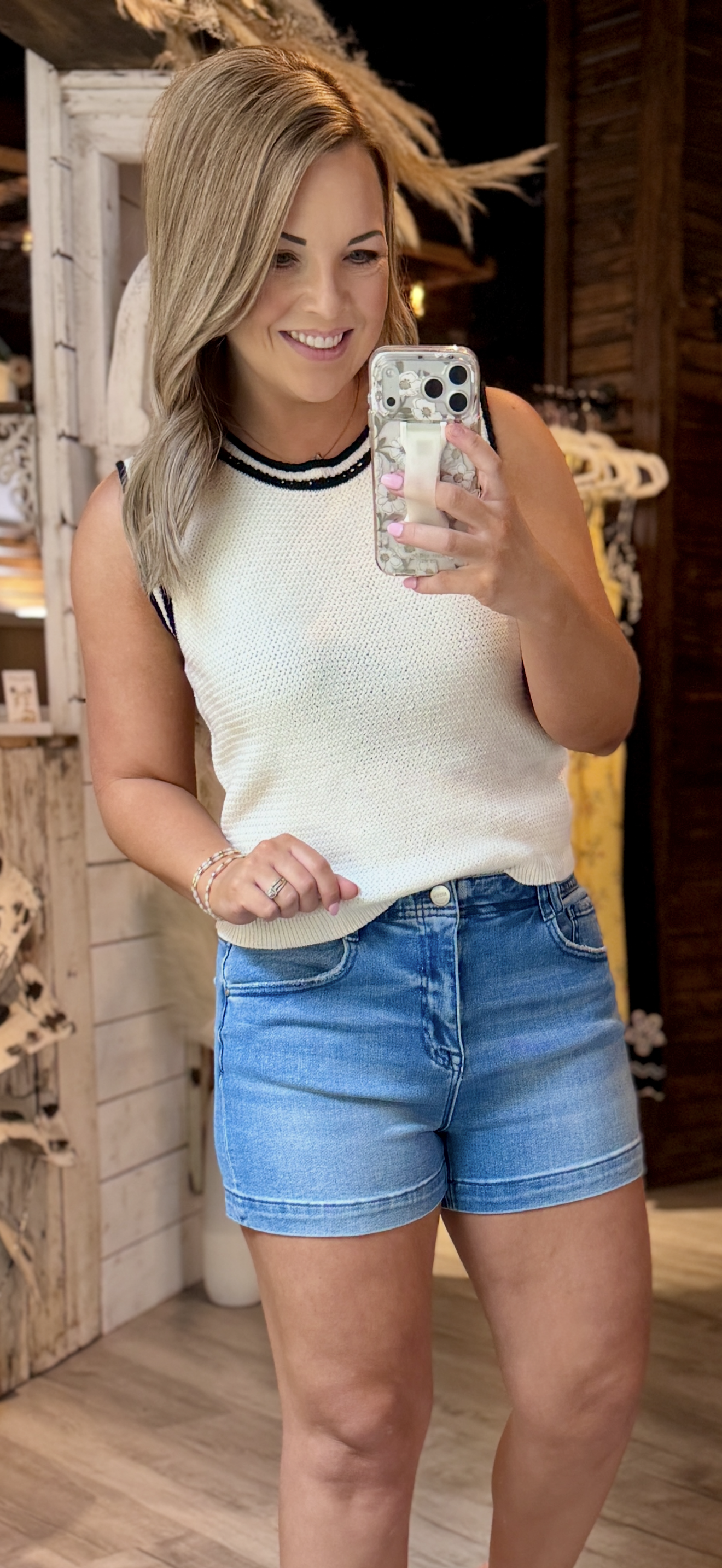 White/Navy Crochet Tank