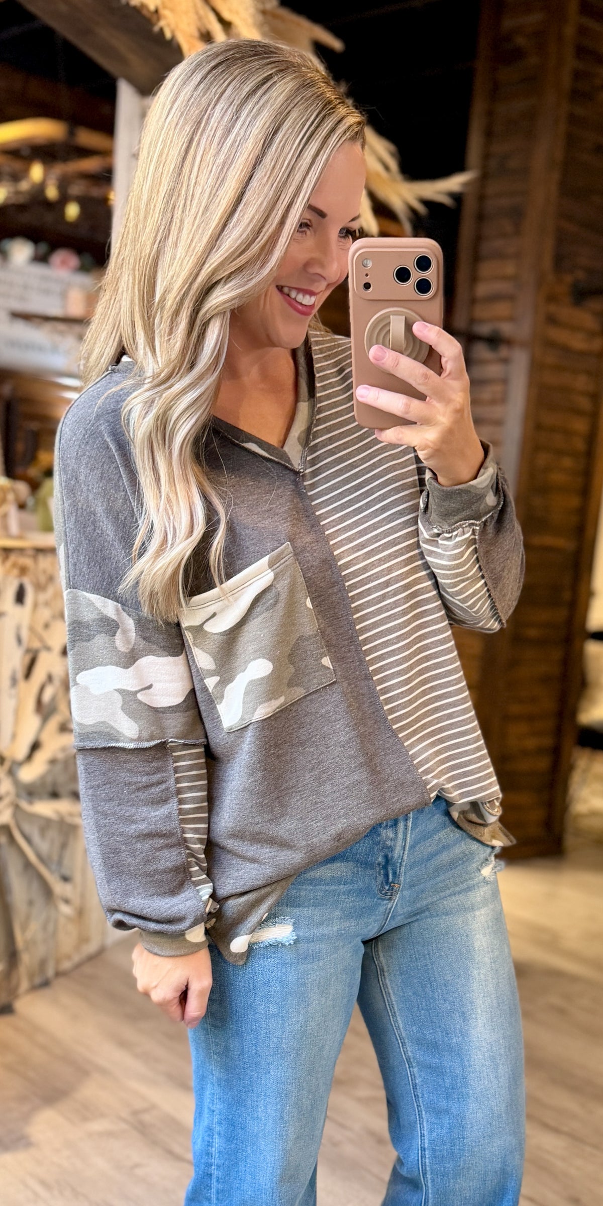 Grey Striped Camo Pattern Top