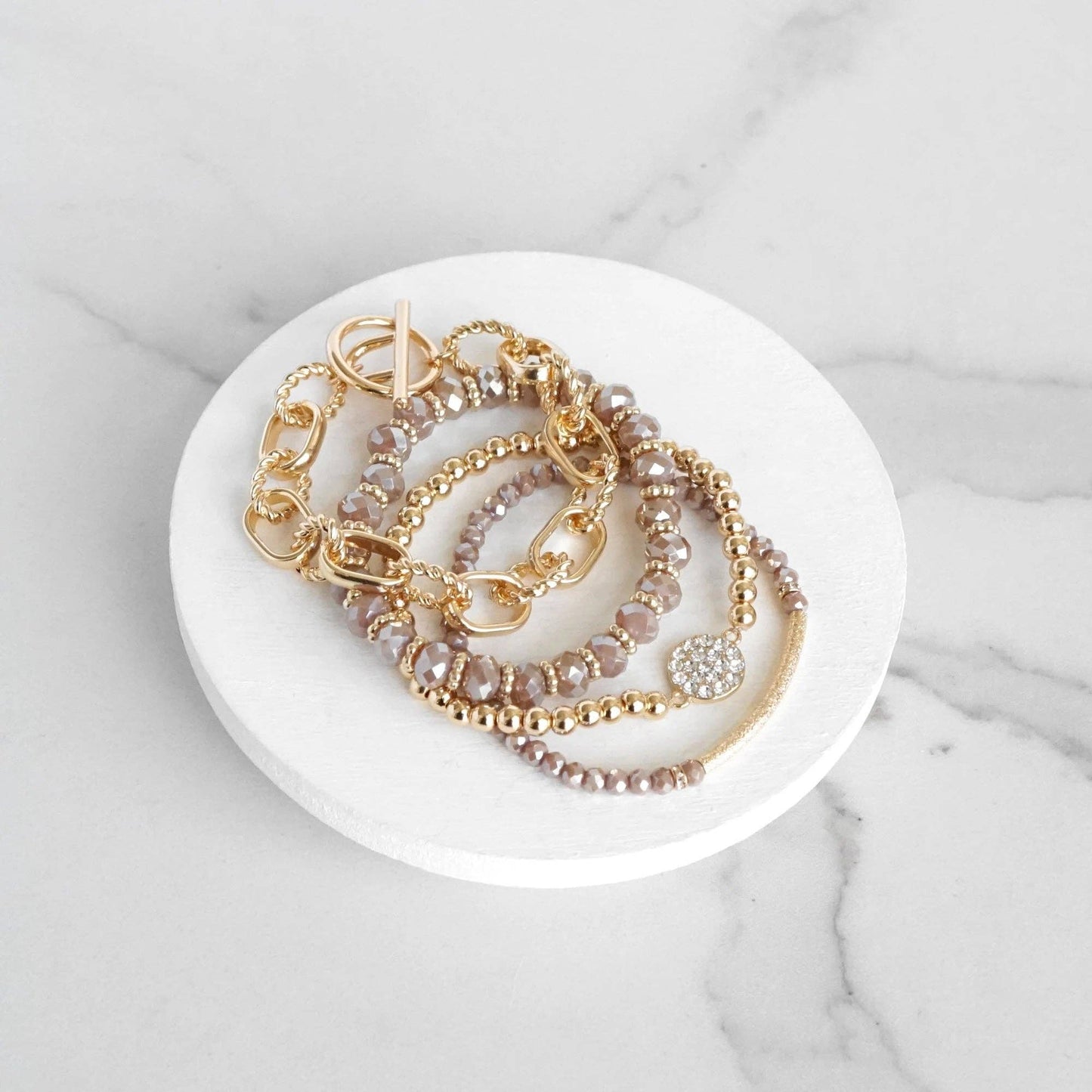 Beaded Bracelets set of 4 Blush Pink Glass Beads with Gold crystal paved sparkly bracelet Metal bead Toggle