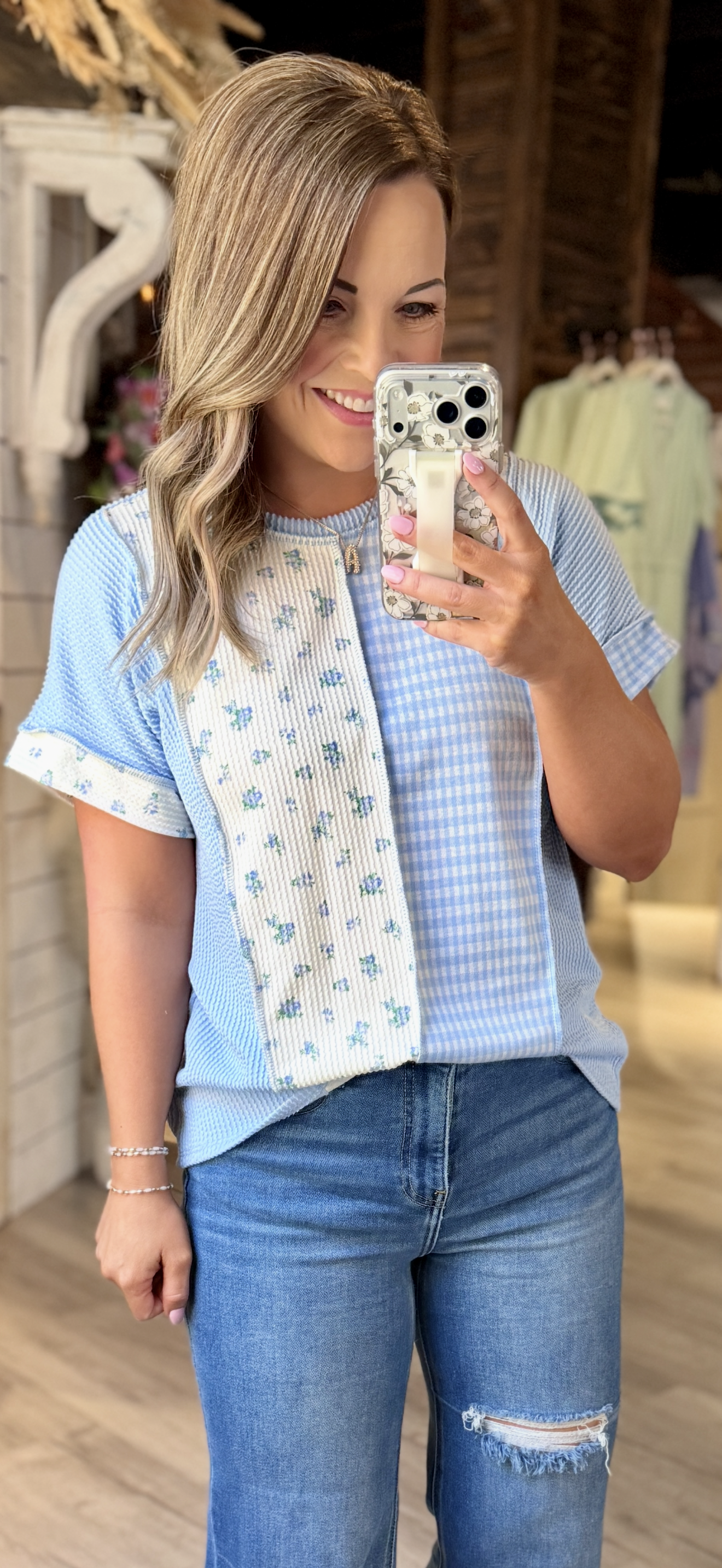 Blue Gingham Blossoms Ribbed Top