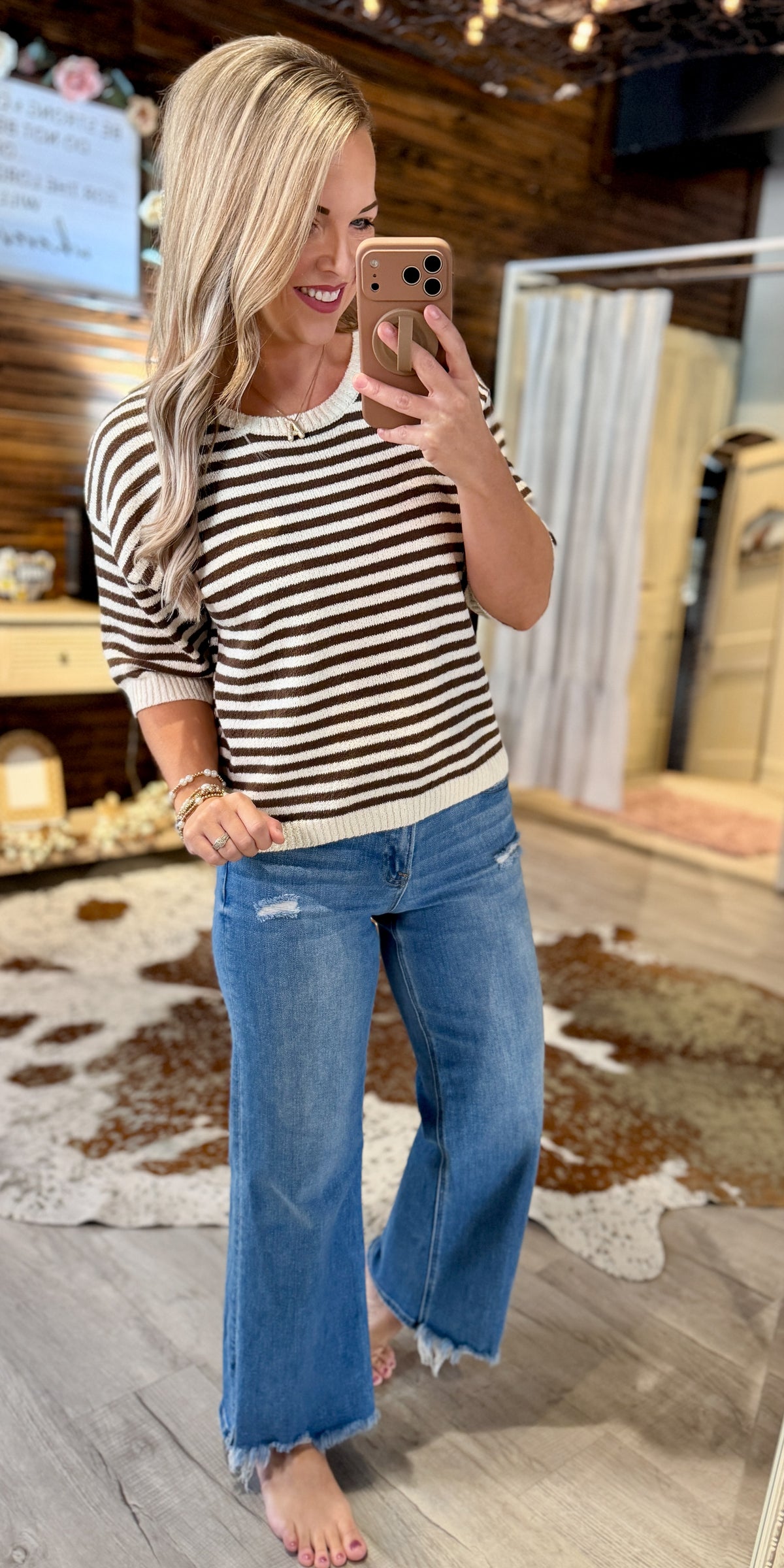 Brown Striped Knit Button Sweater