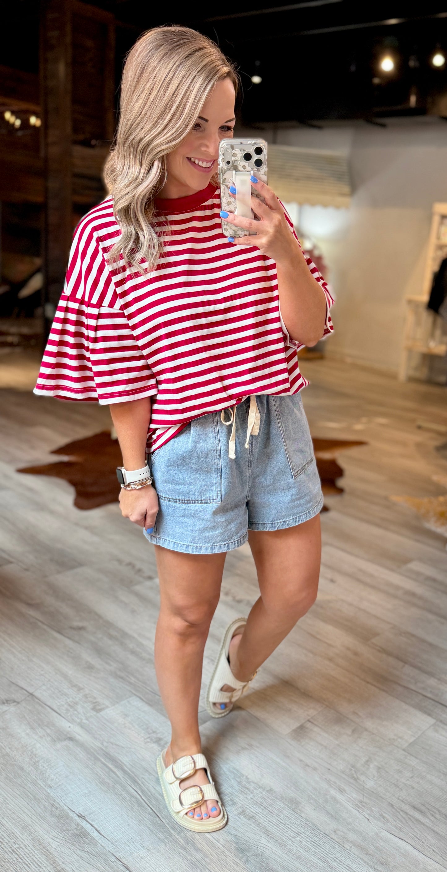 Red Striped Ruffle Sleeve Top