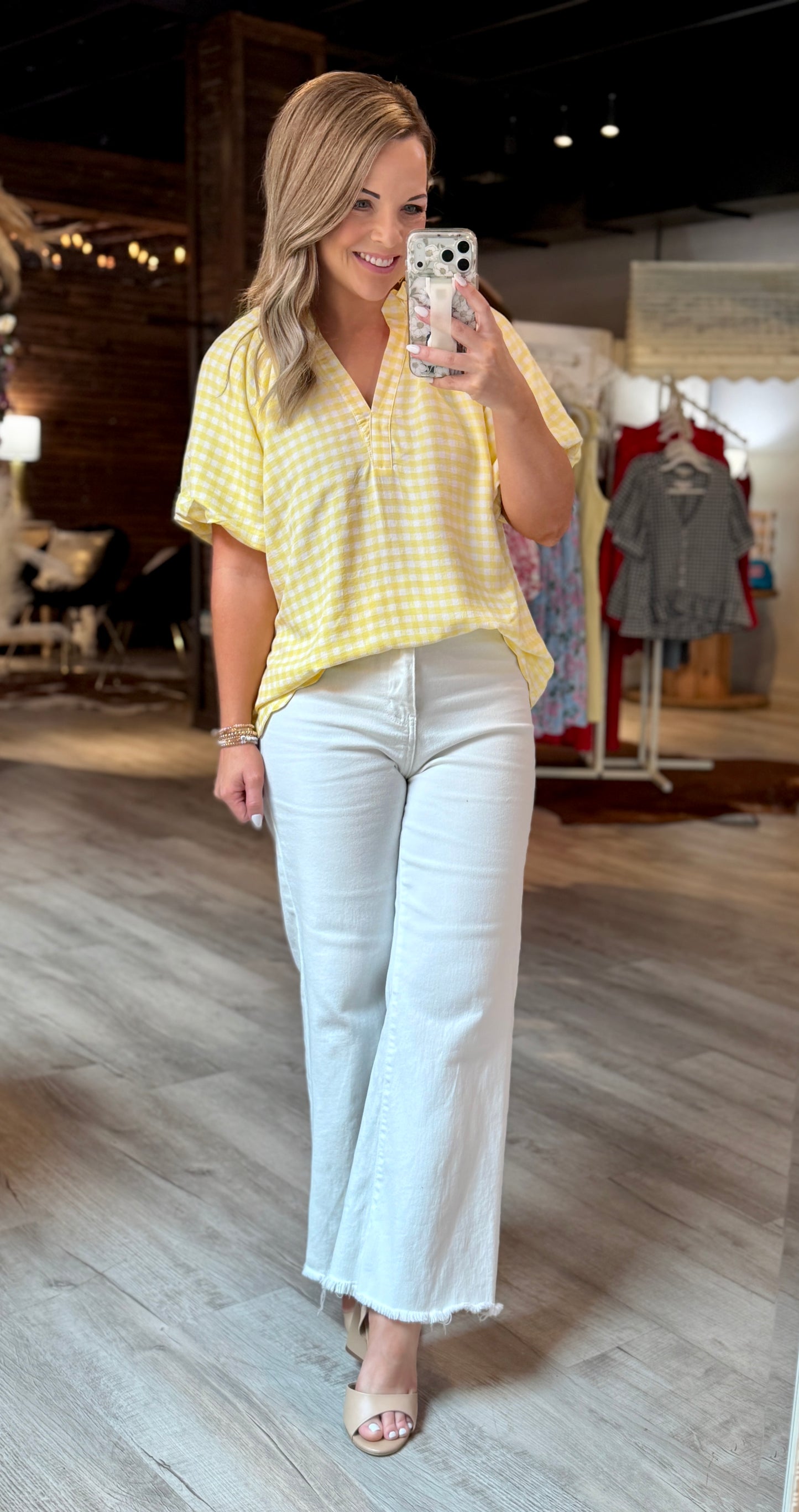 Lemon Gingham Scalloped Dressy Top