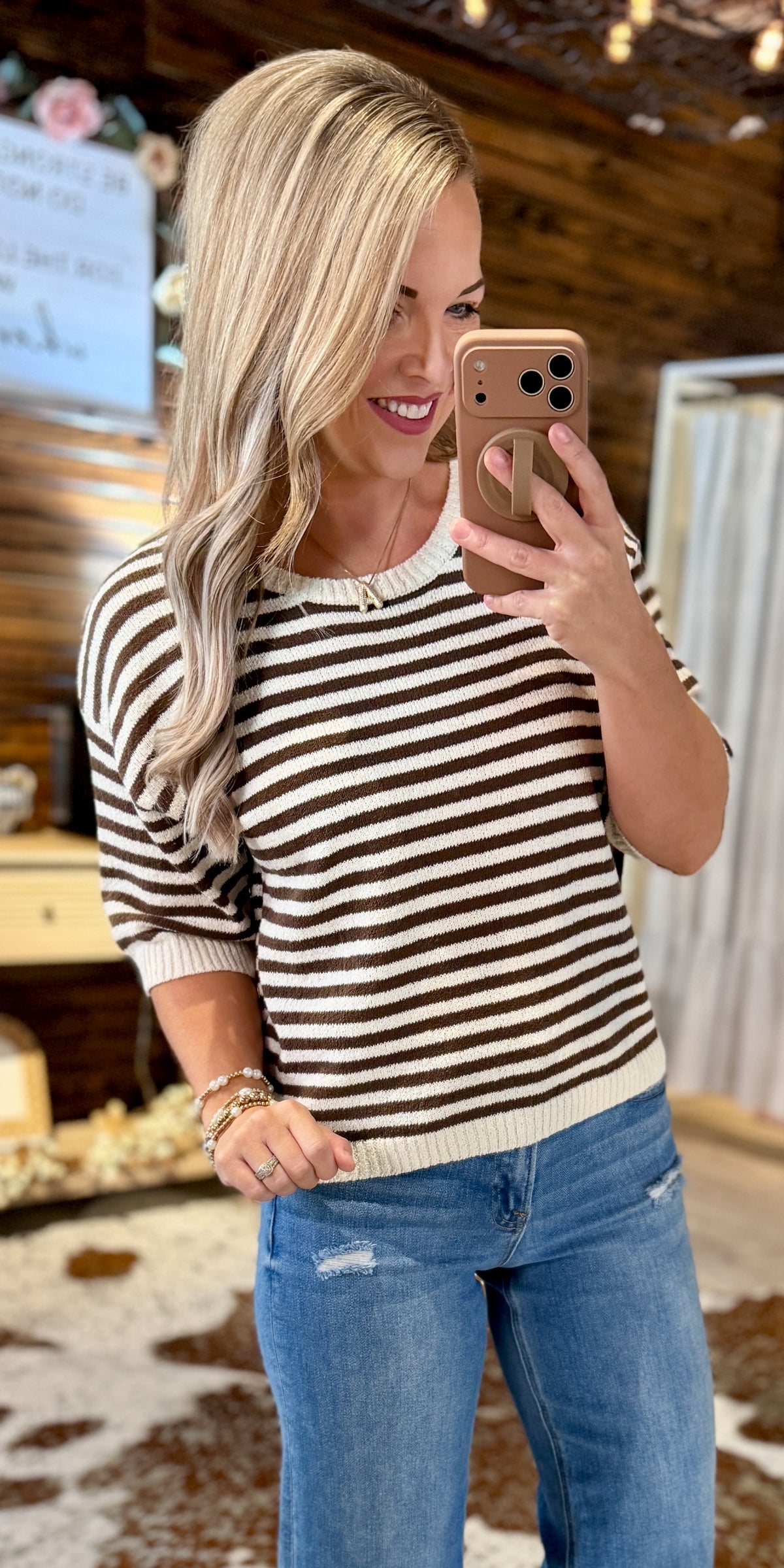 Brown Striped Knit Button Sweater