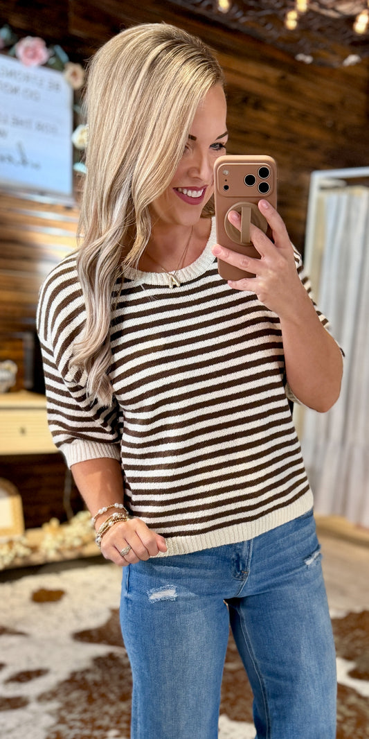 Brown Striped Knit Button Sweater