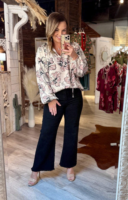 Champagne/Black Floral Dressy Top