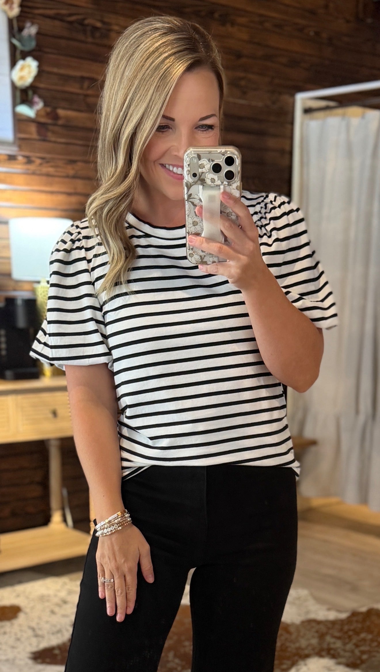 Ivory/Black Striped Puff Sleeve Top