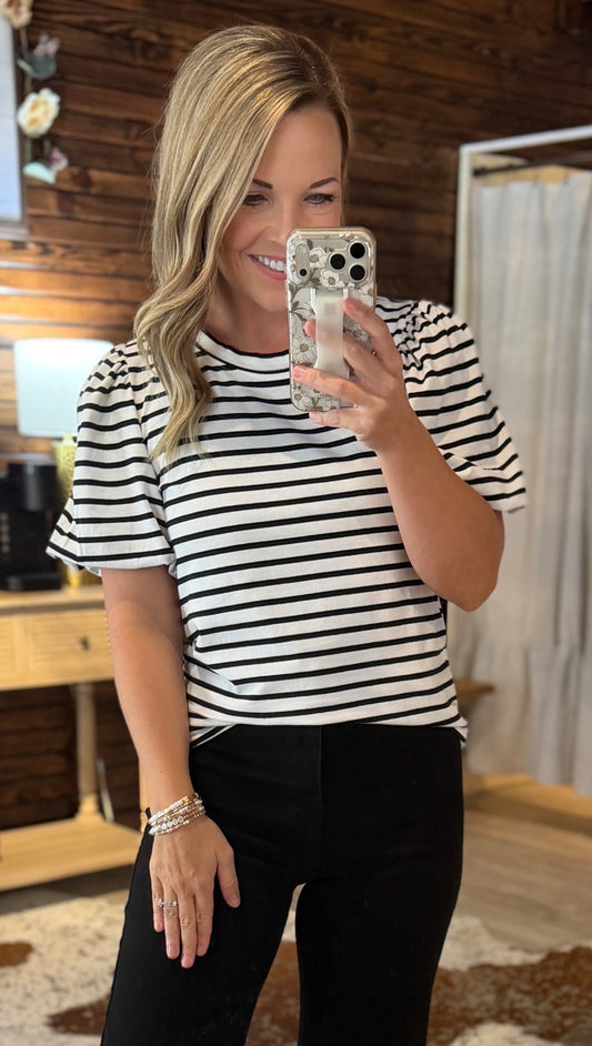 Ivory/Black Striped Puff Sleeve Top