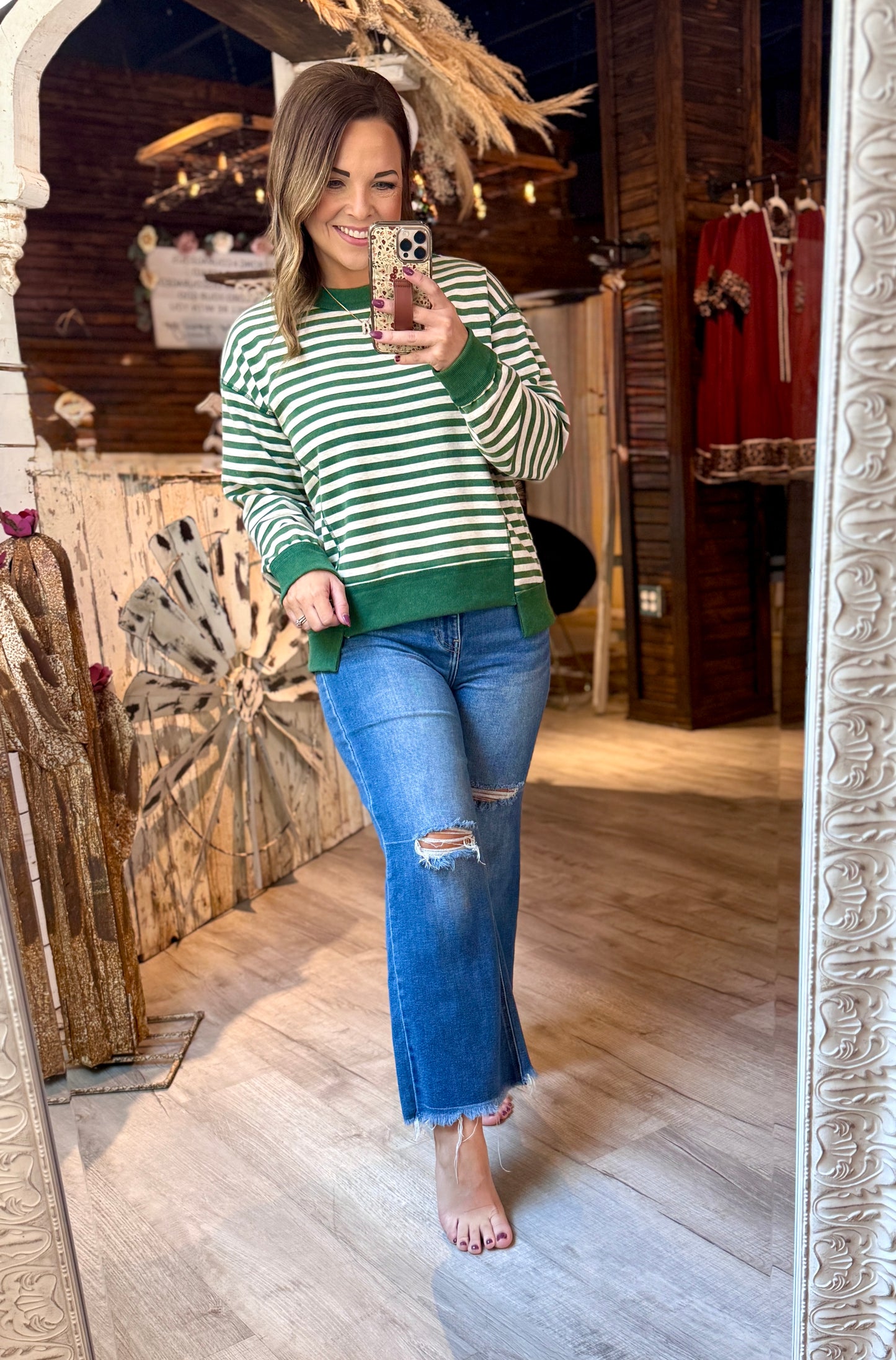 Hunter Green/Ivory Striped Top