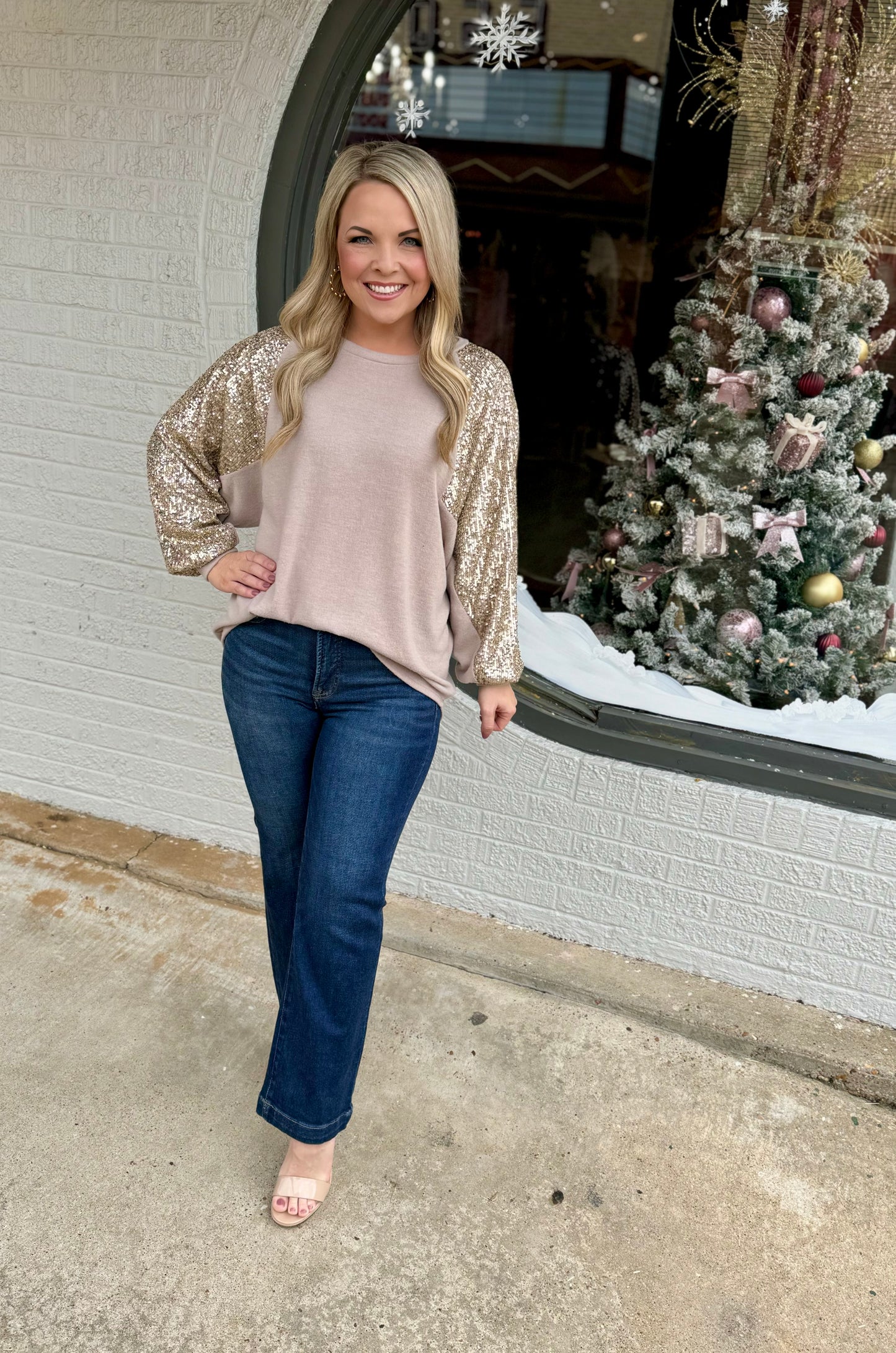 Taupe Sequin Sleeve Top