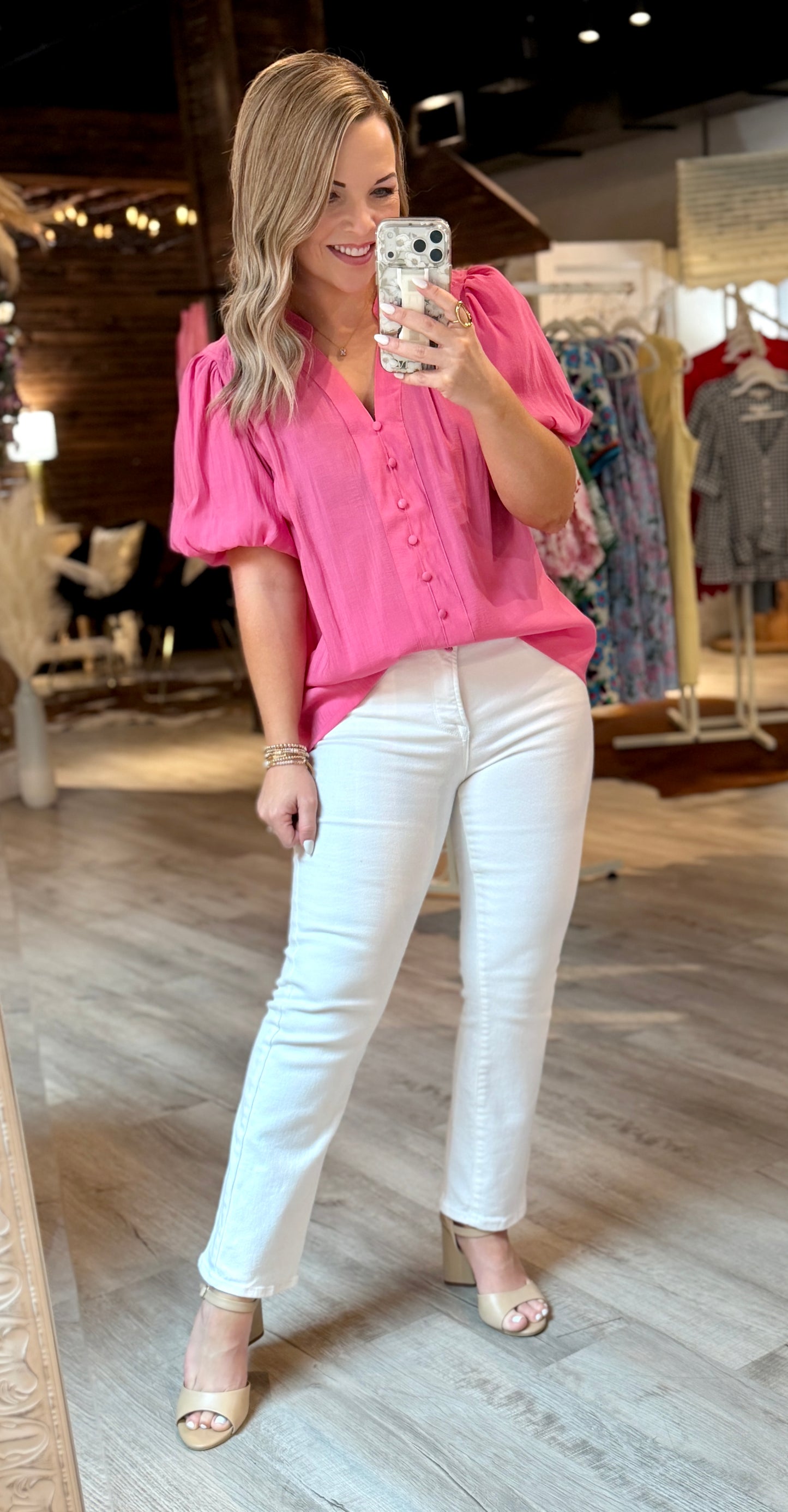 Candy Pink Puff Sleeve Dressy Top