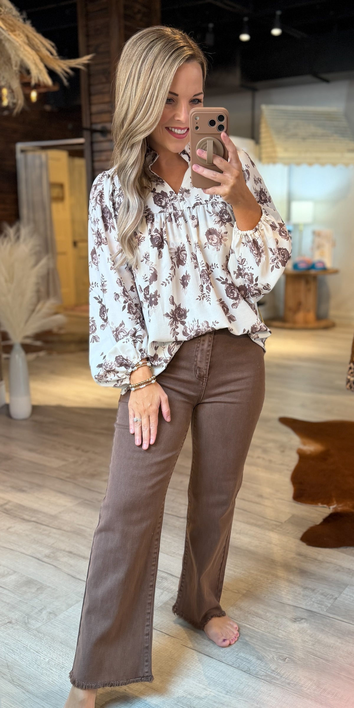 Oatmeal Brown Vintage Floral Top