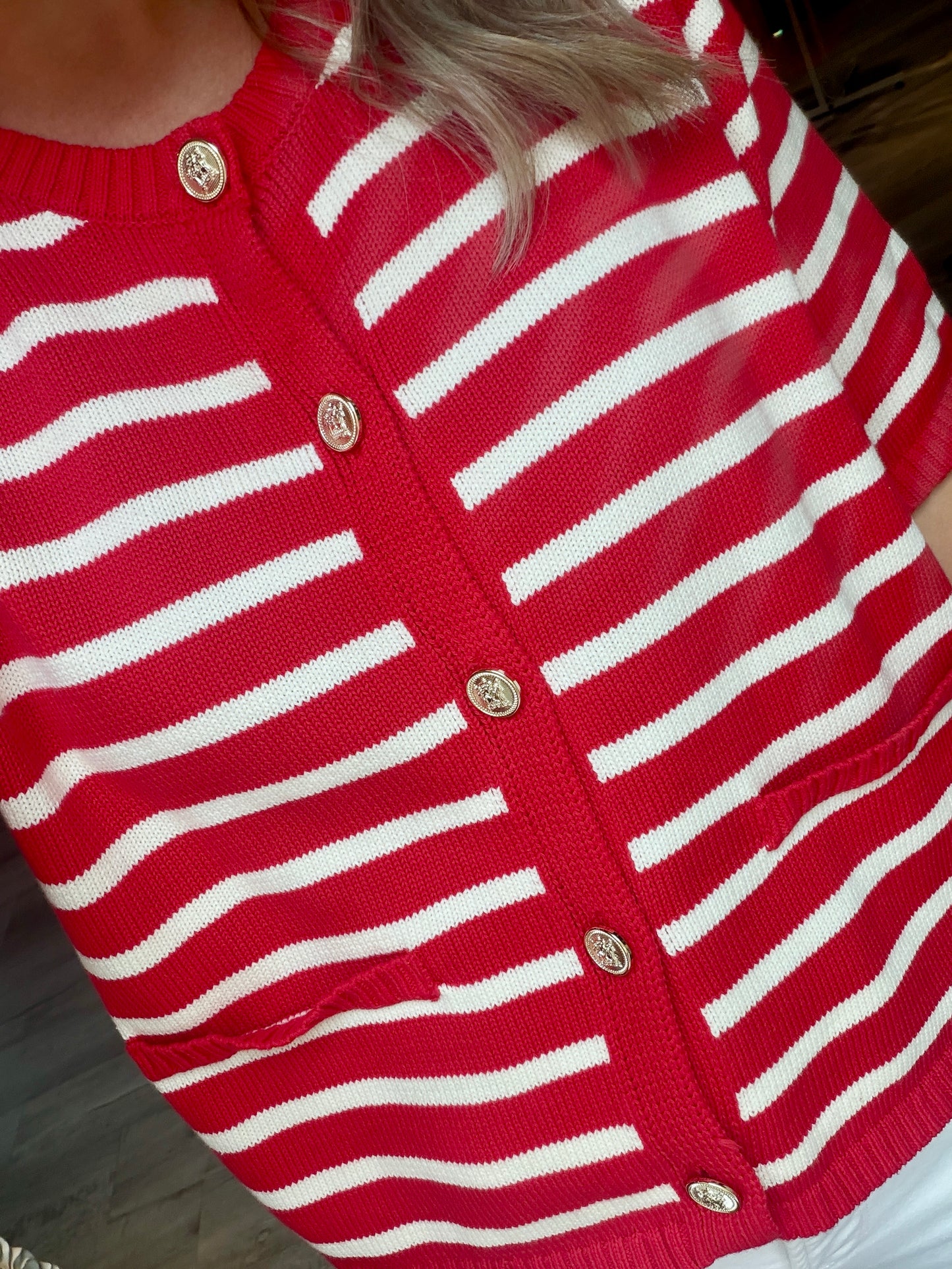 Red Striped Button Dressy Top