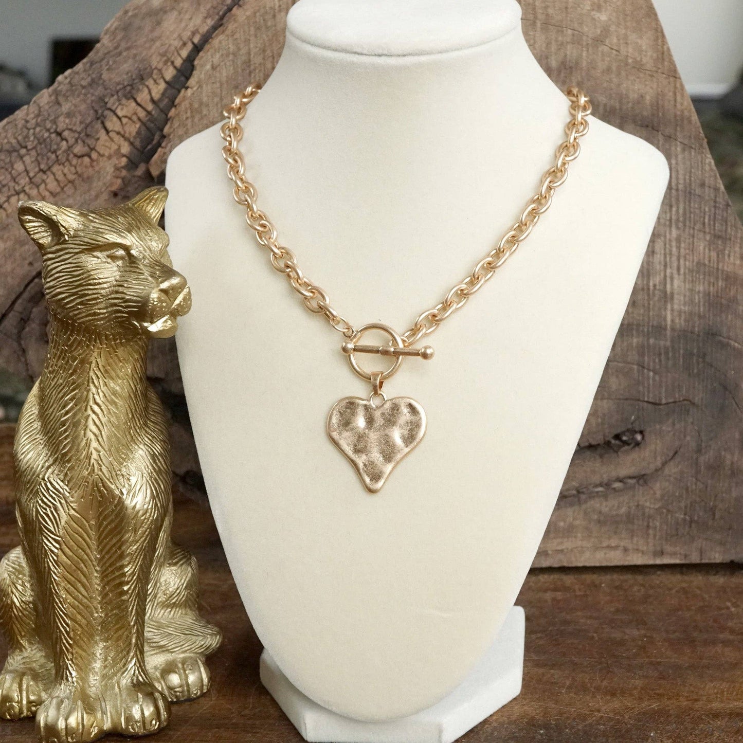 Boho Hammered Heart Front Toggle Necklace – Rustic Gold or Silver