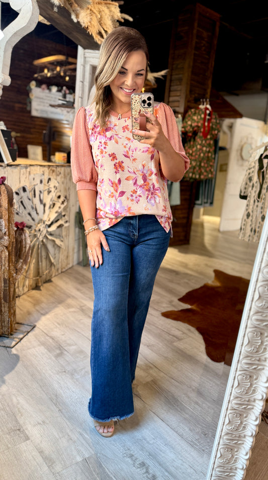 Rust Floral Ribbed Top