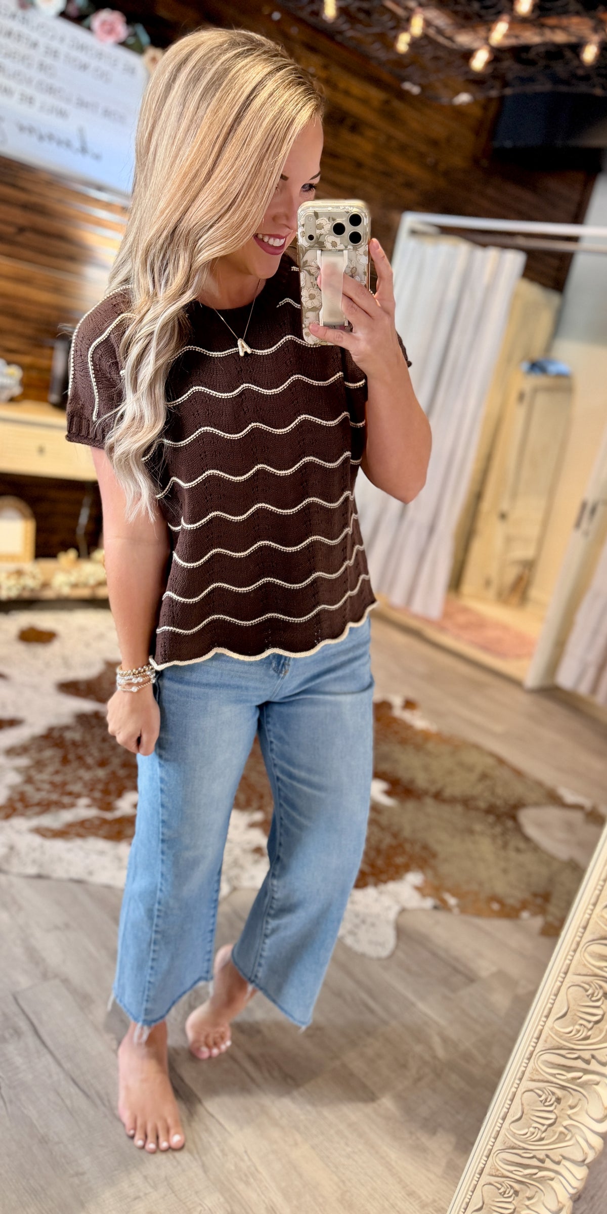 Brown Scallop Striped Knit Top