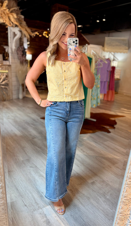 Yellow Striped Floral Eyelet Tank