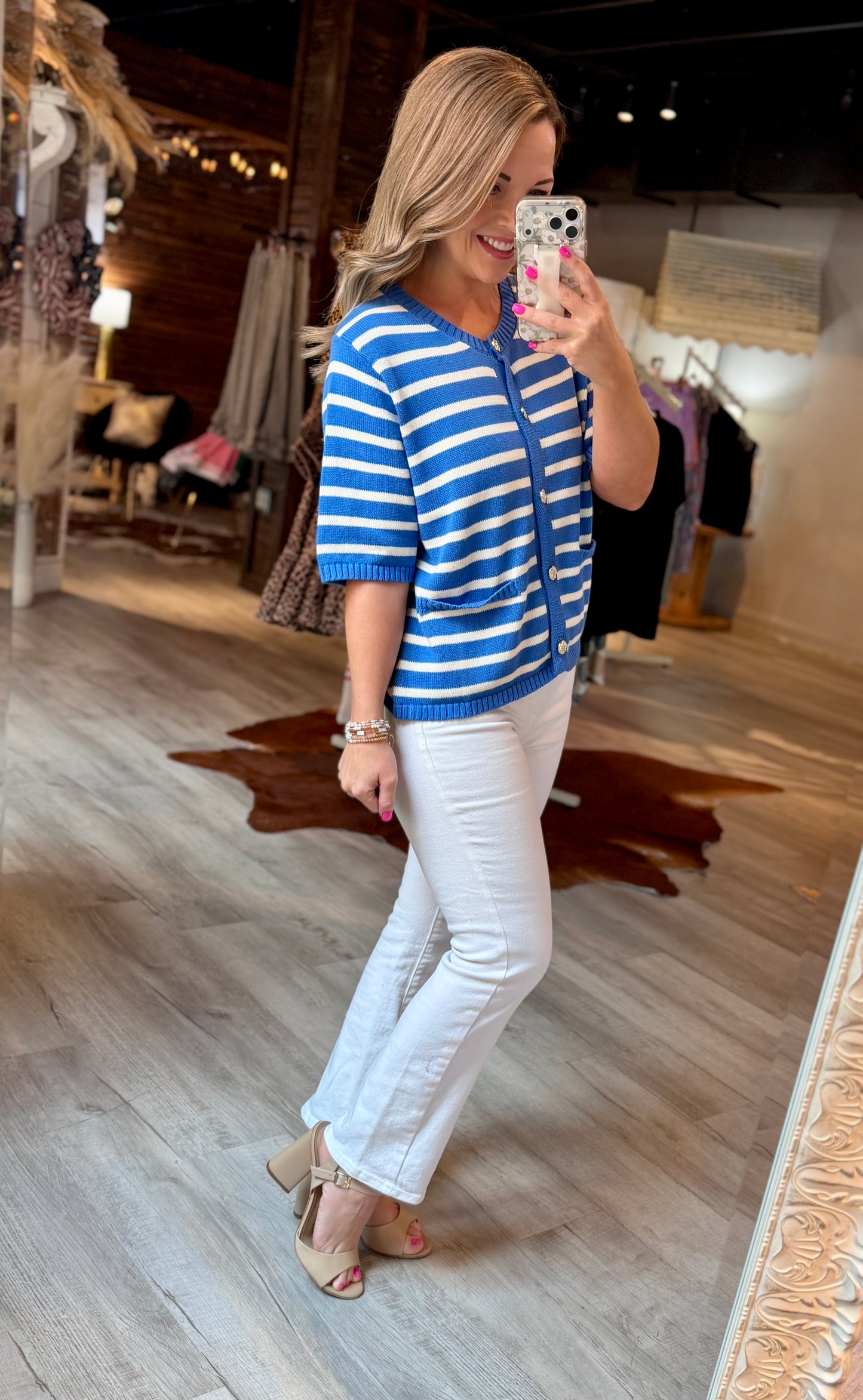 Blue Striped Button Dressy Top