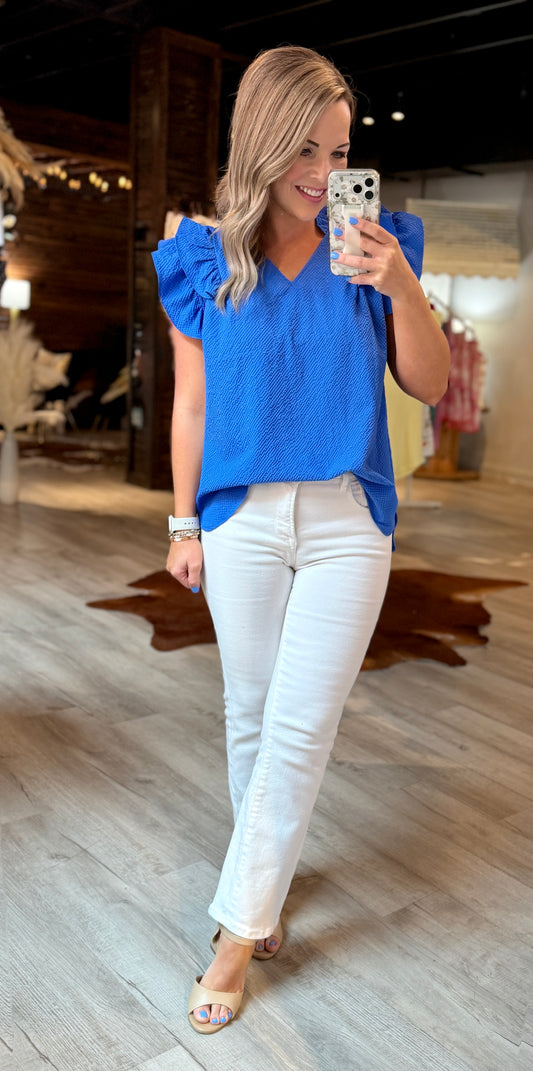 Blue Ocean Ruffle Sleeve Top