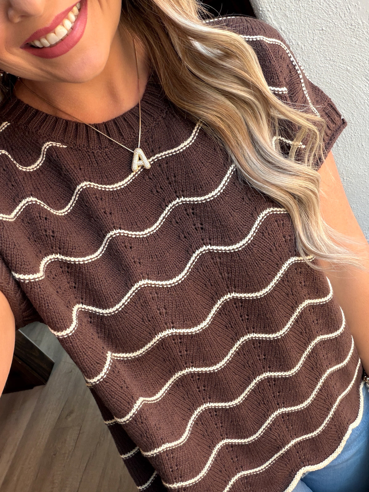 Brown Scallop Striped Knit Top