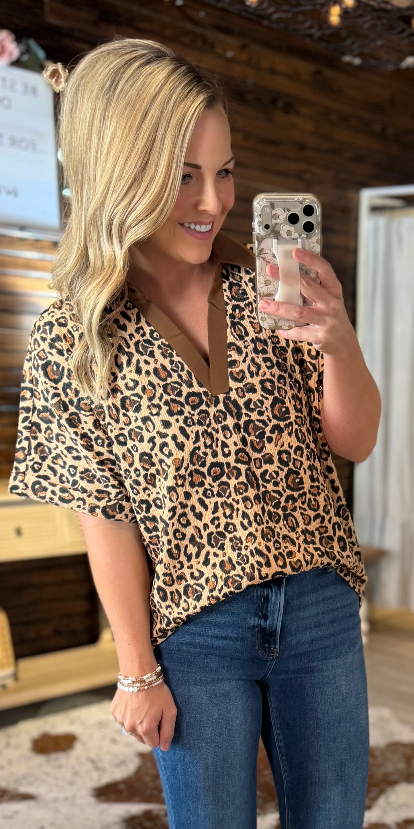 Brown Leopard Collared Top