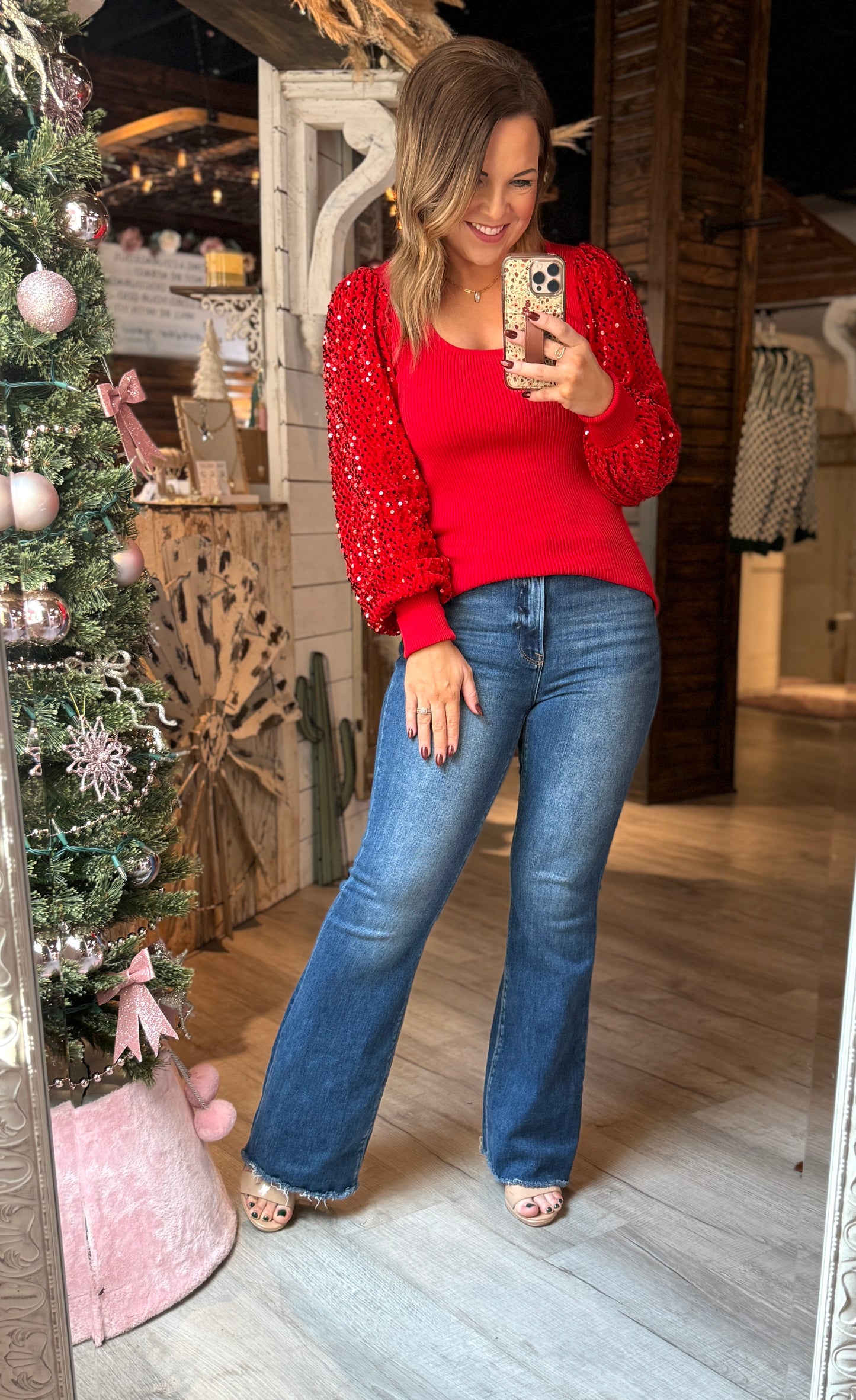 Red Ribbed Sequin Sleeve Top