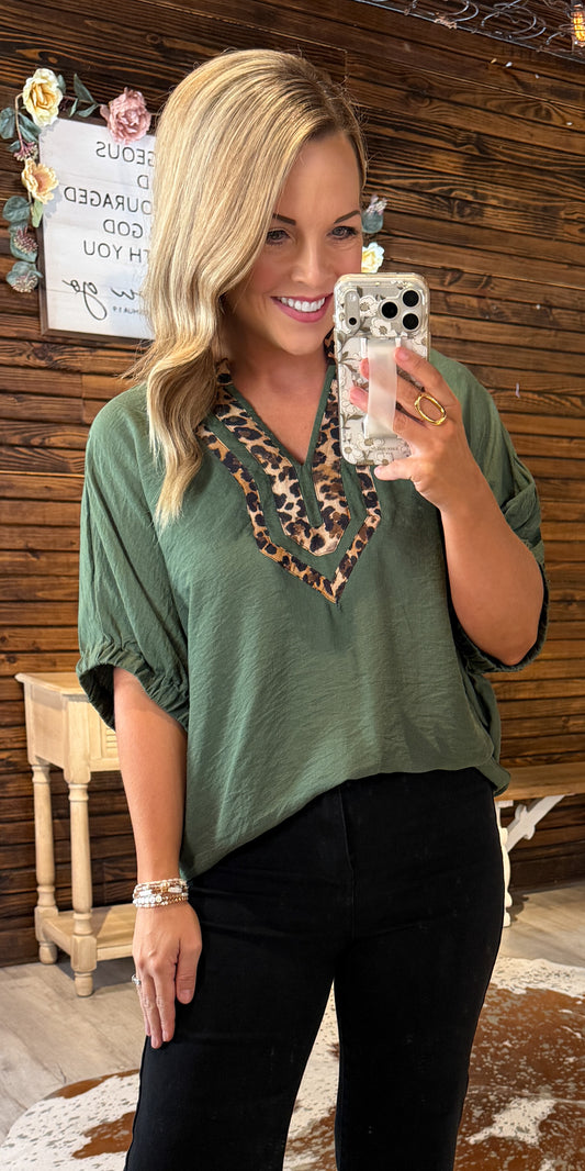 Olive Leopard Detail Top