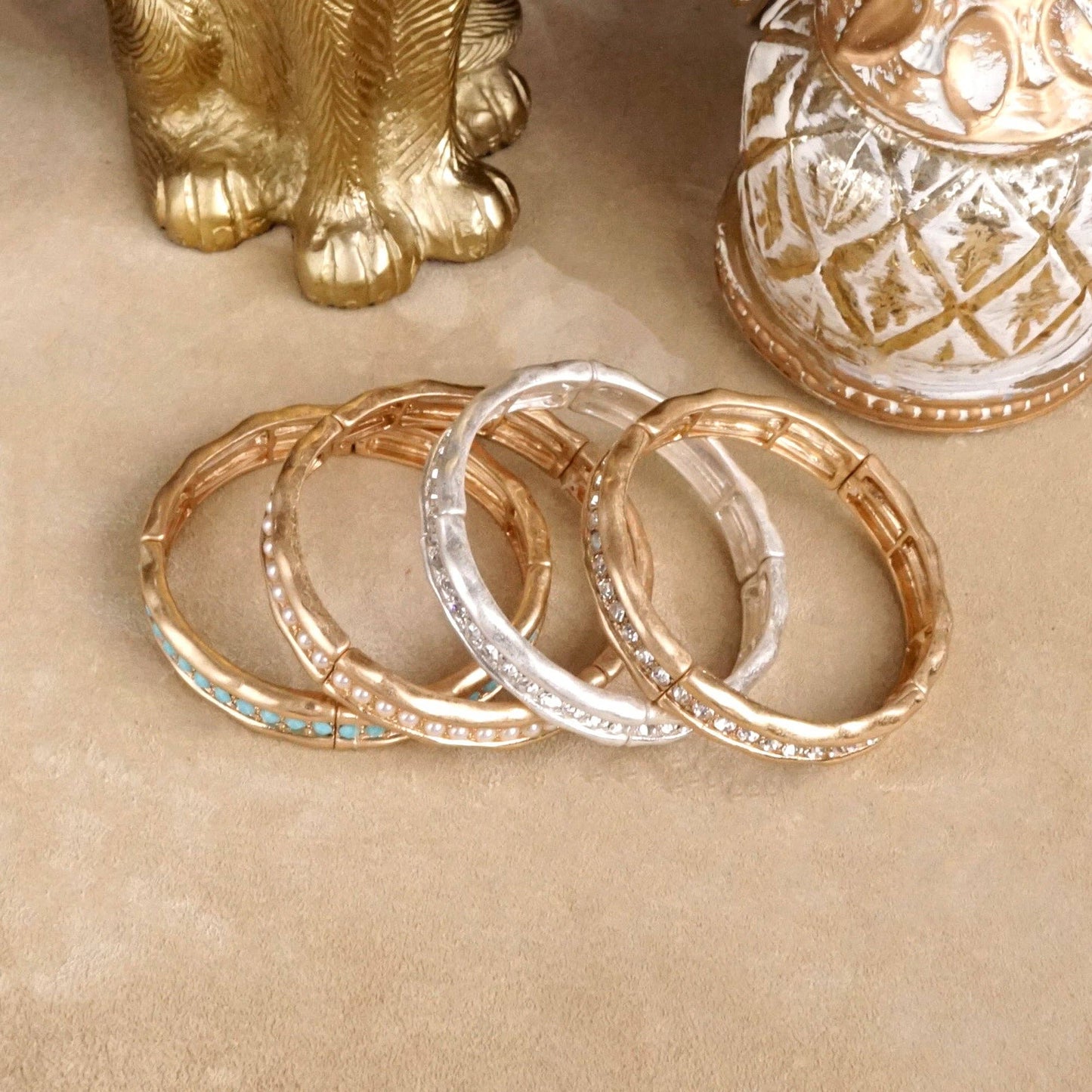 Minimalist Crystal & Pearl Bangle Bracelet – Brushed Gold or Silver