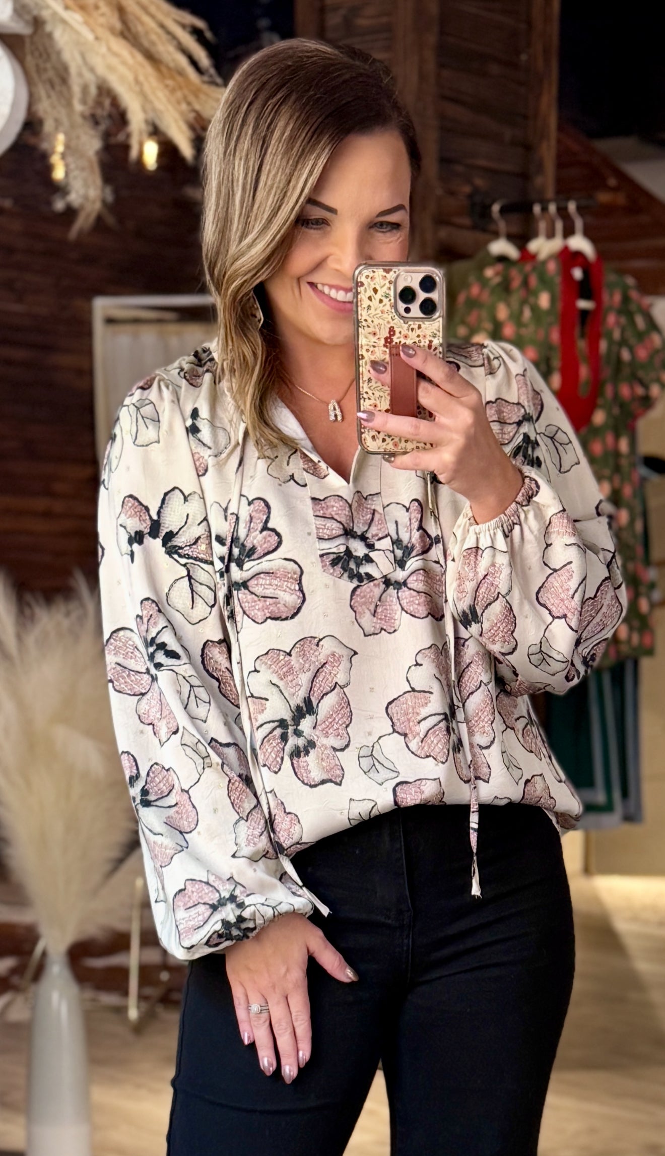 Champagne/Black Floral Dressy Top