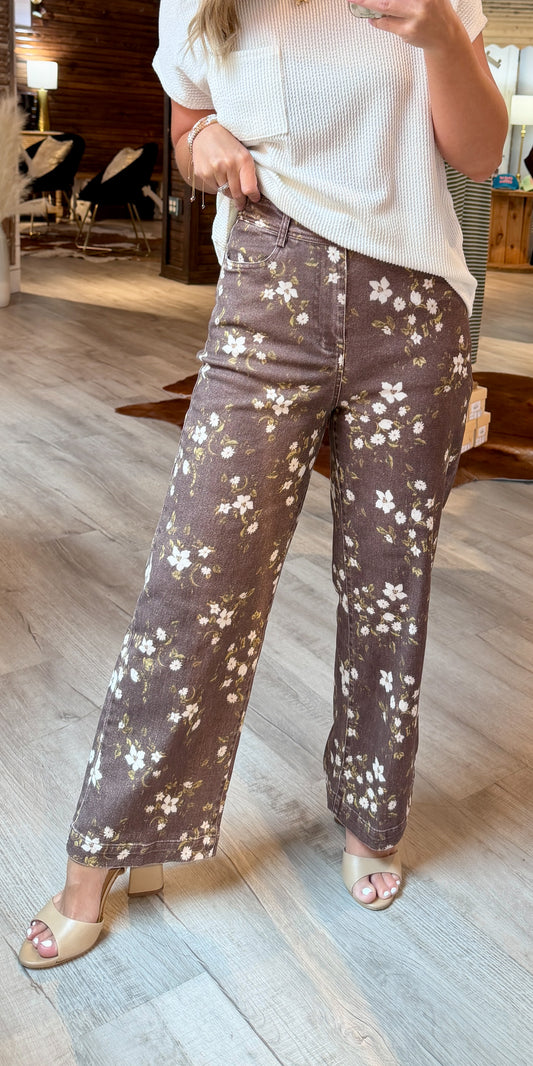 Brown Floral Print Denim