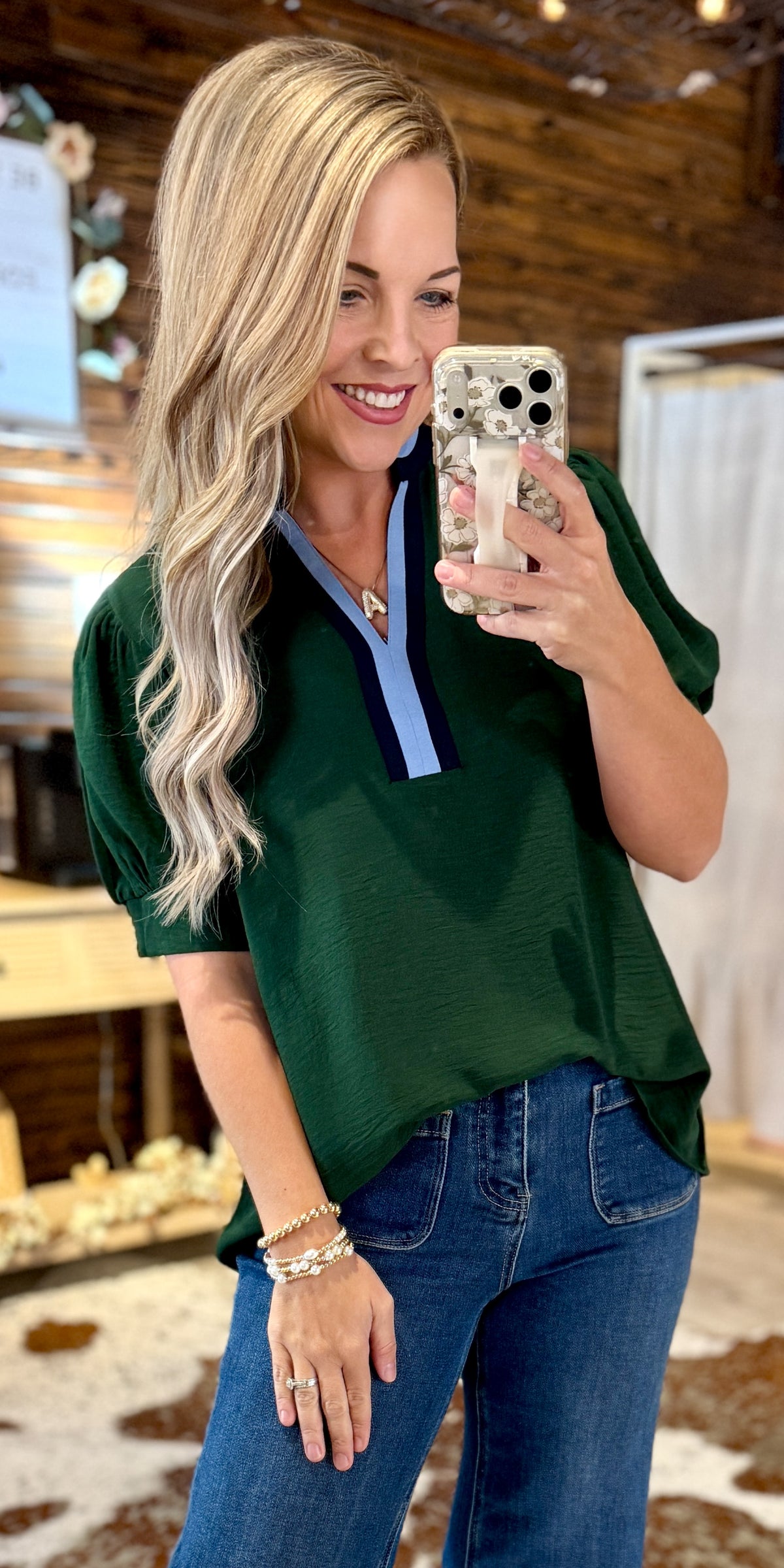 Hunter Green Blue Detail Top
