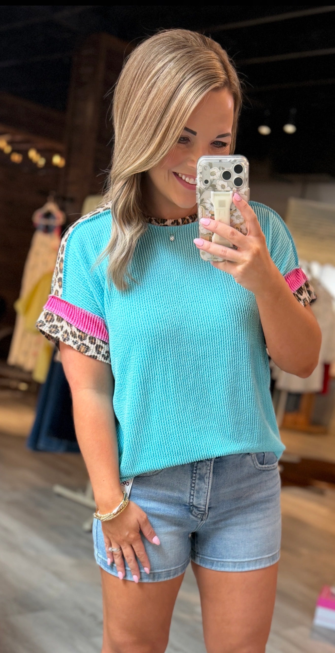 Blue/Pink Leopard Ribbed Top