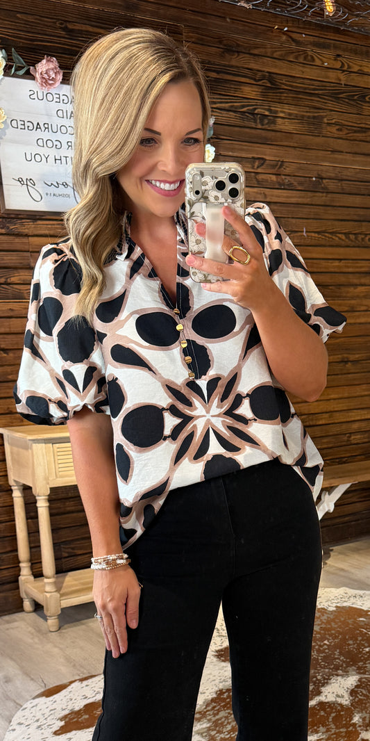 Black/Taupe Print Dressy Top