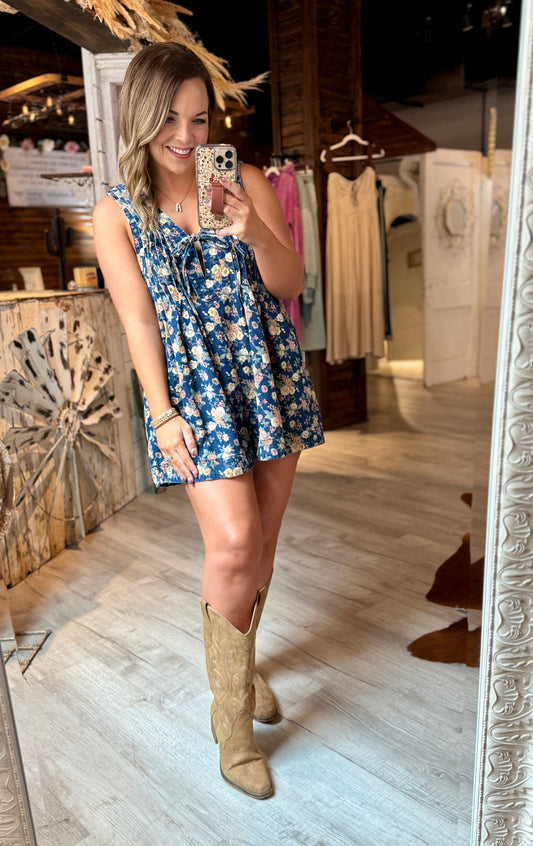 Navy Floral Denim Romper
