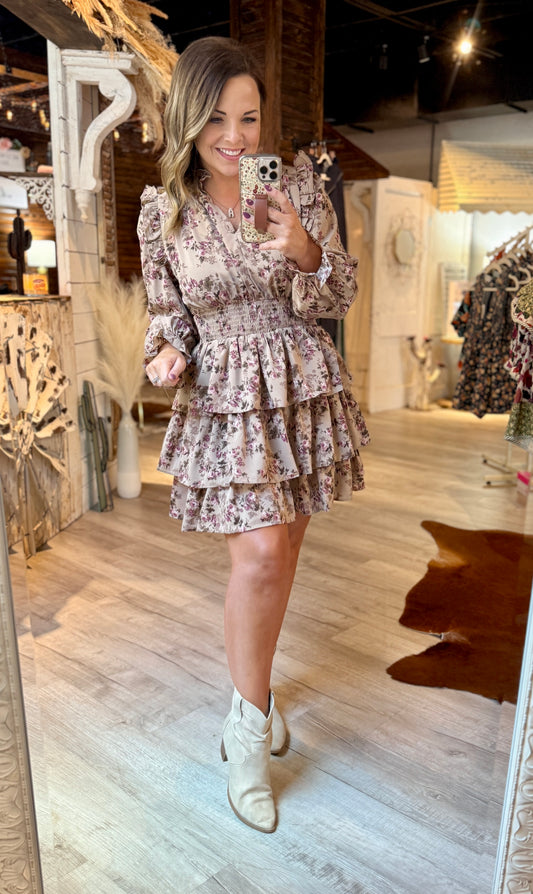 Mocha Floral Ruffle Dress