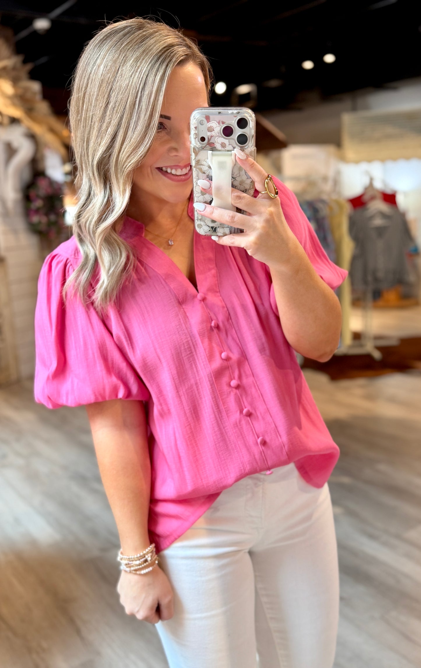 Candy Pink Puff Sleeve Dressy Top