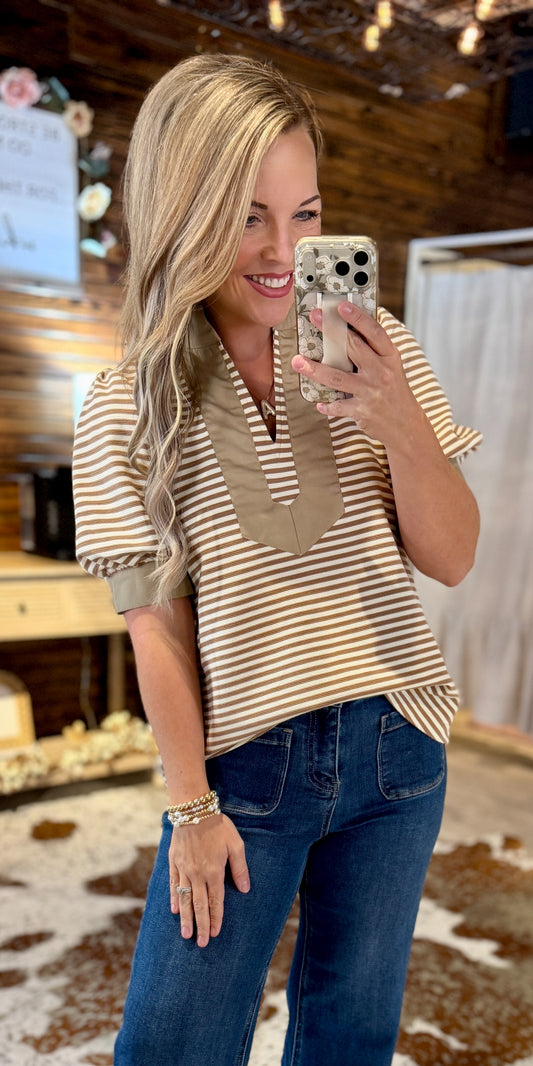 Taupe Striped Dressy Top