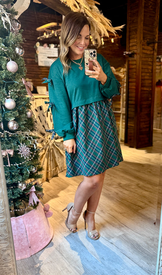Knit/Woven Green Bow Plaid Dress