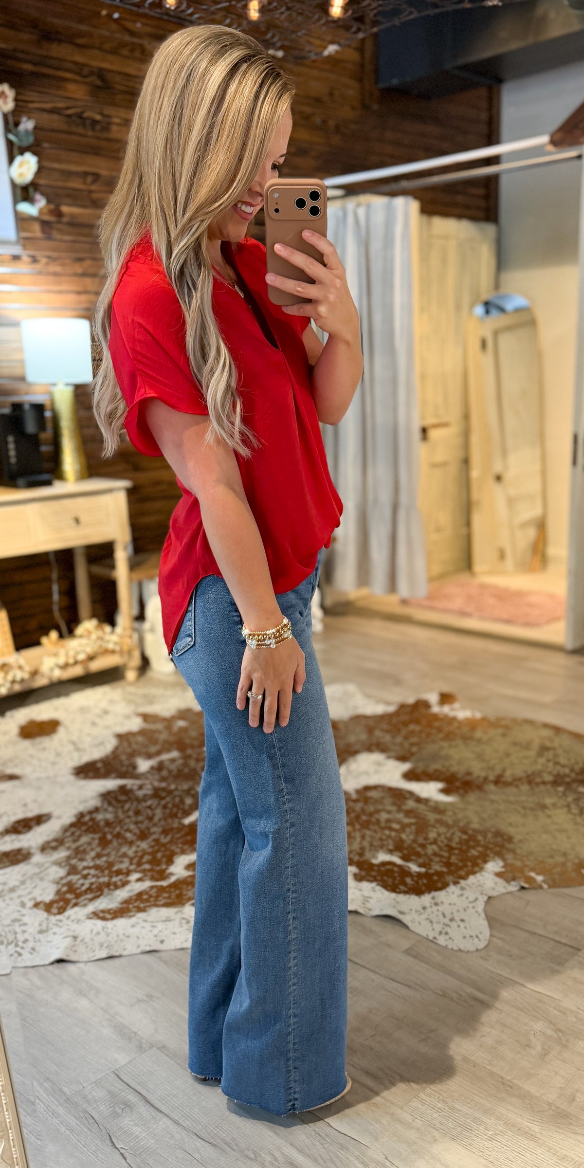 New Red Dressy V Neck Top
