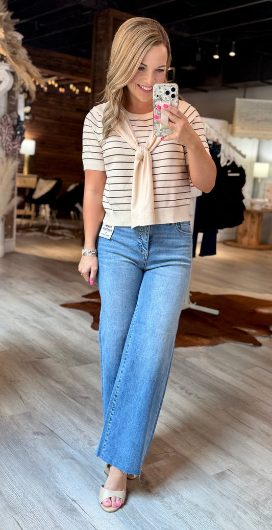 Ivory/Brown Striped Sweater Tie Top