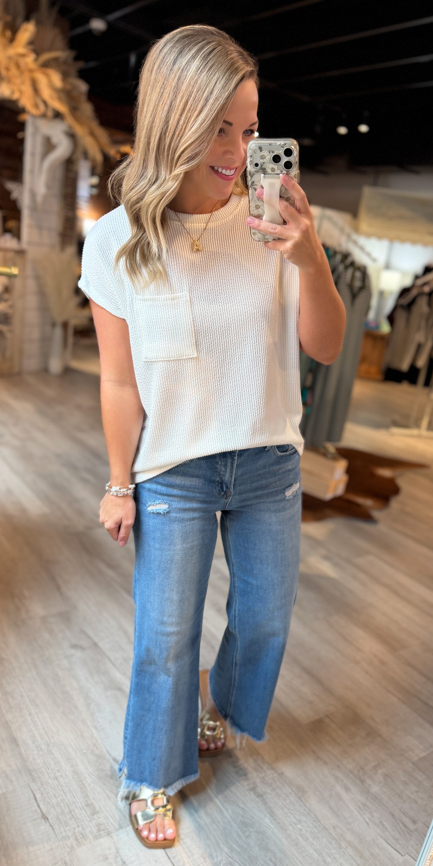 Ivory Ribbed Pocket Top
