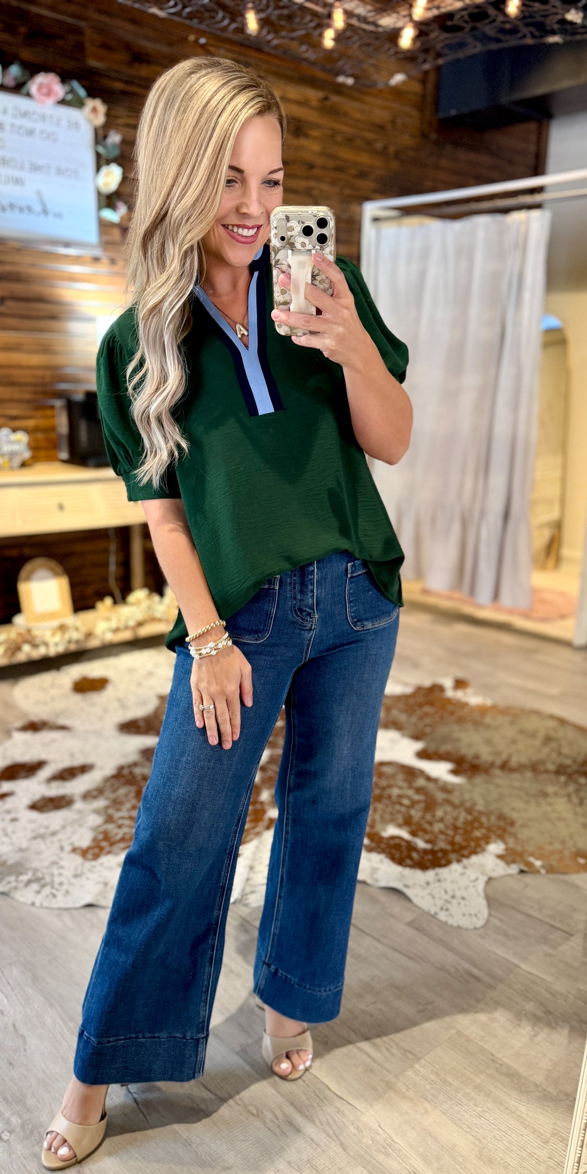 Hunter Green Blue Detail Top