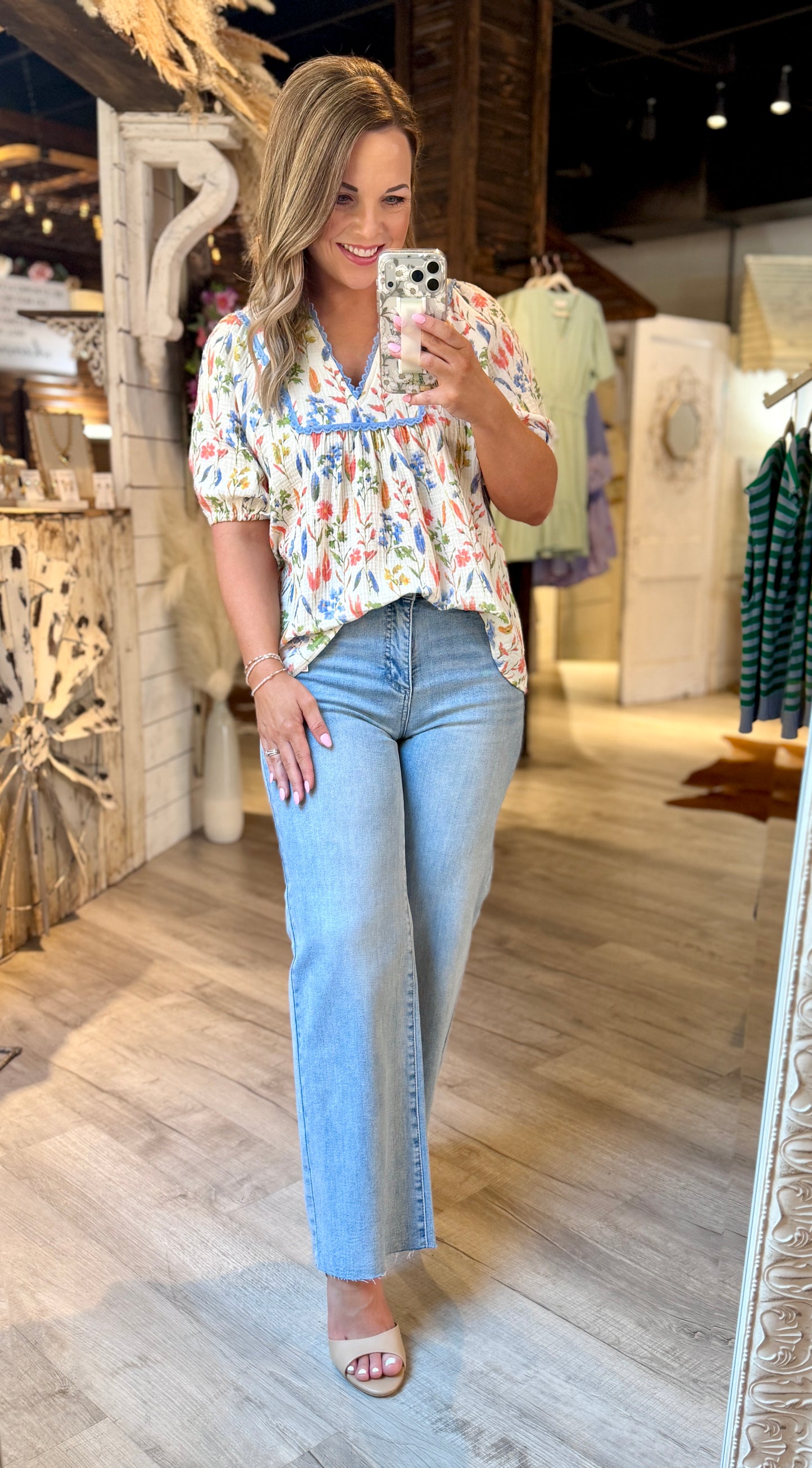 Light Blue Ivory Floral Top