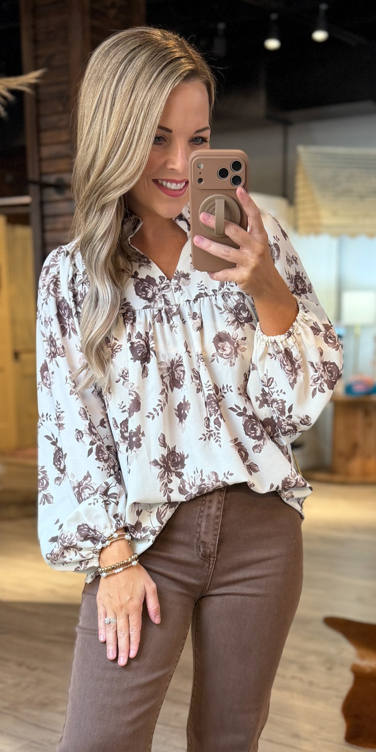 Oatmeal Brown Vintage Floral Top