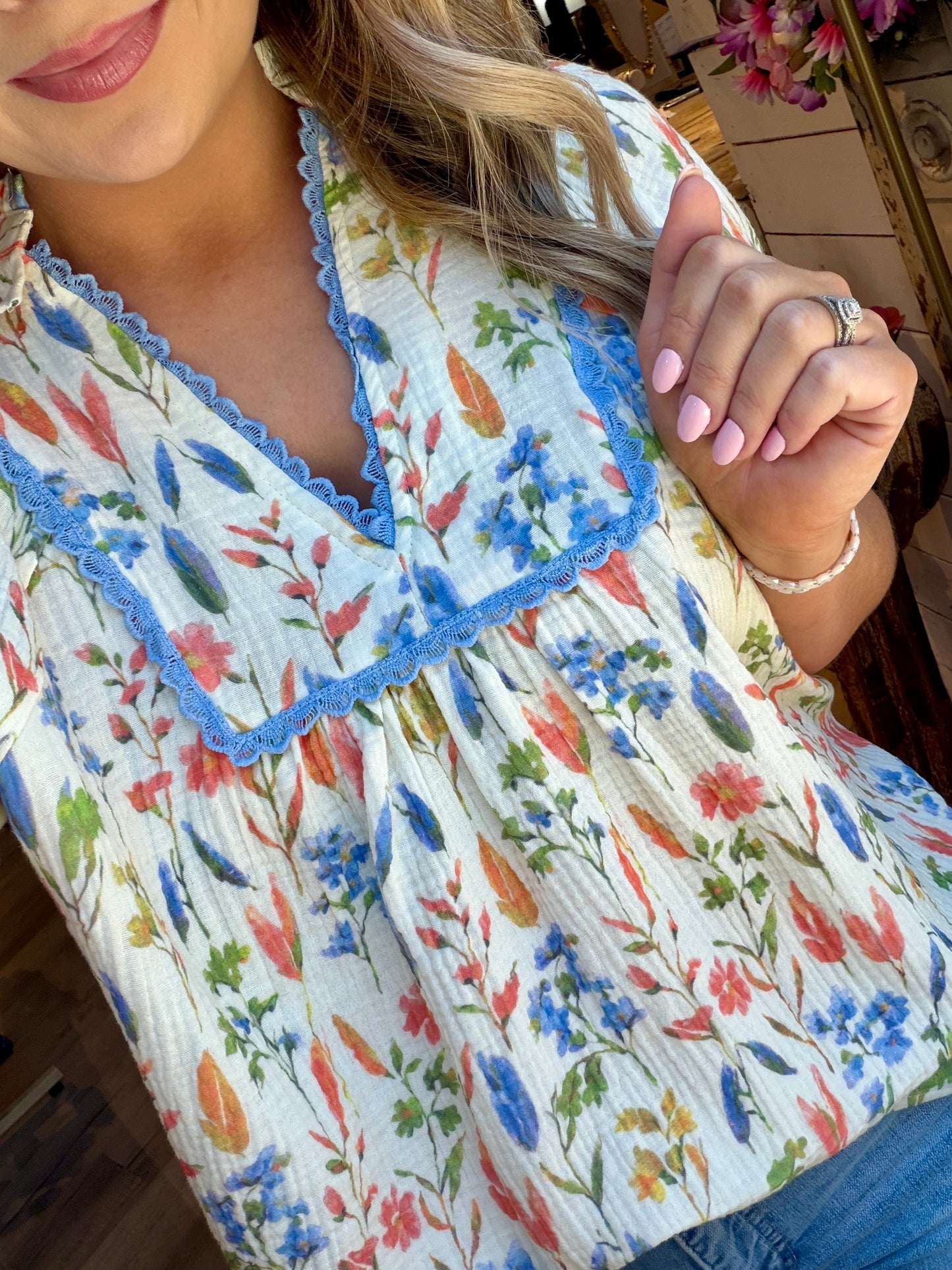 Light Blue Ivory Floral Top