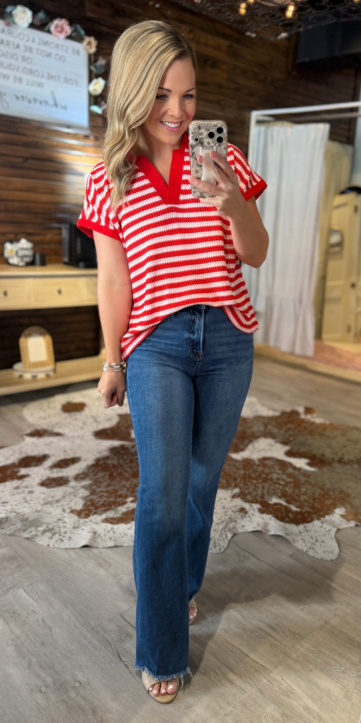 Red Striped Knit Collared Top