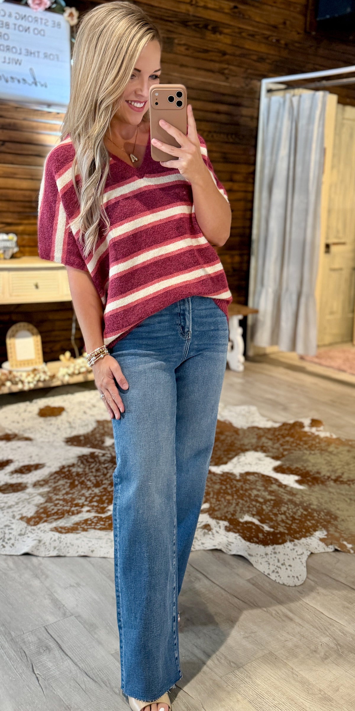Plum Striped V-Neck Sweater