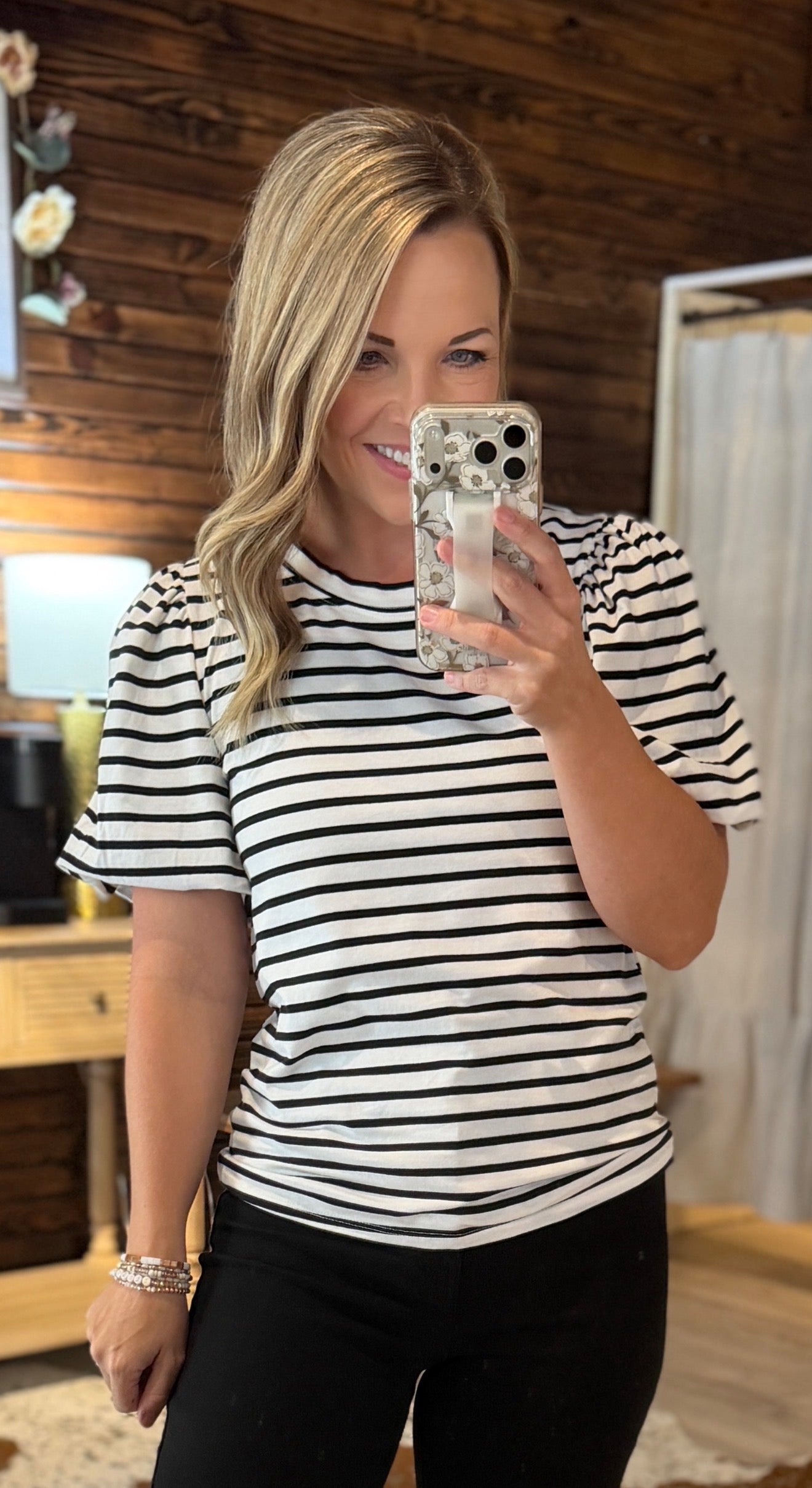 Ivory/Black Striped Puff Sleeve Top