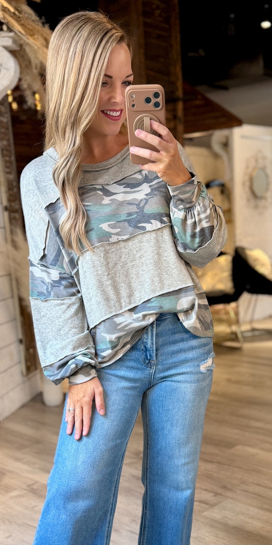 Grey Camo Color Block Top