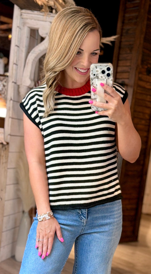 Black/Red/Cream Striped Knit Top